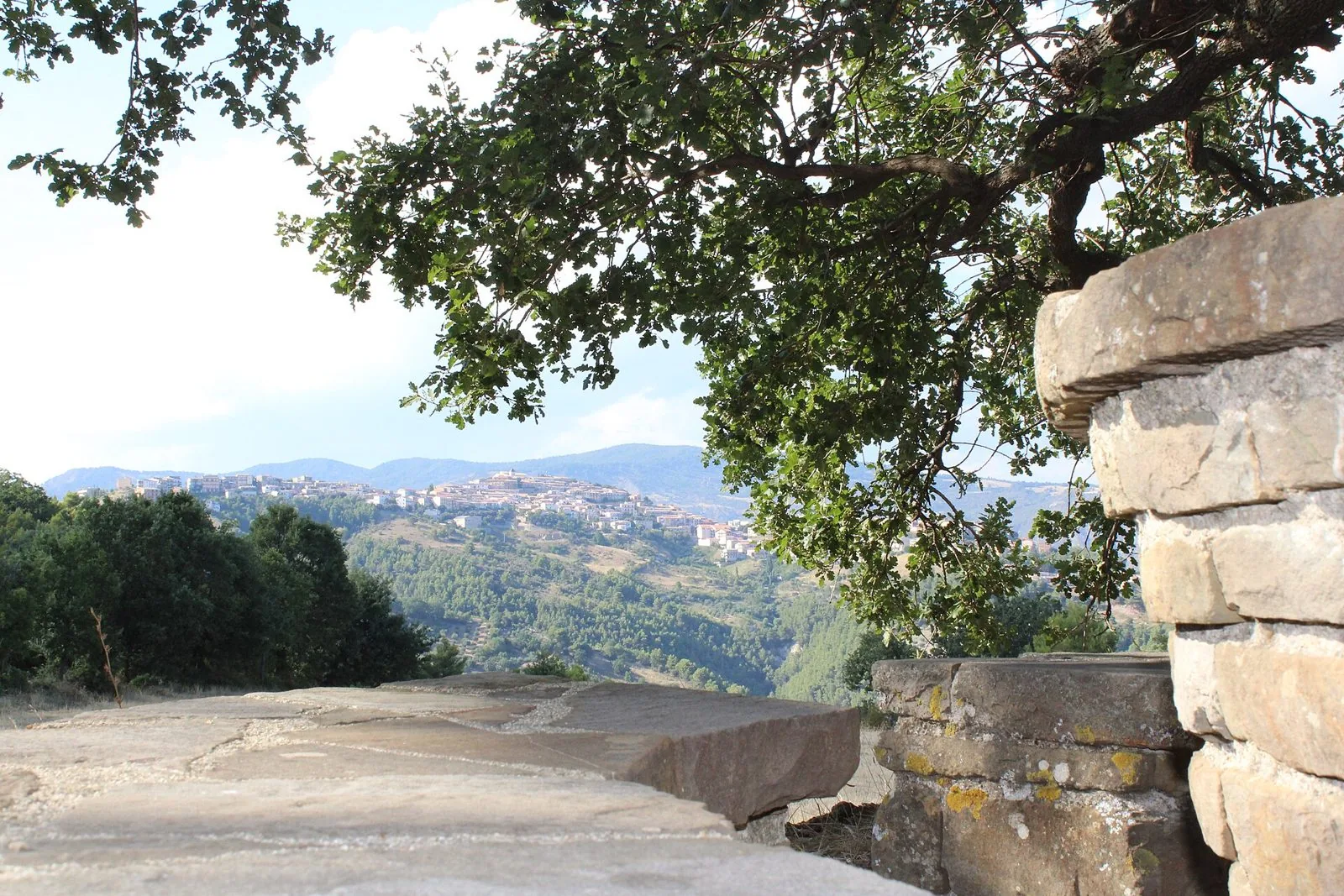 Il borgo di Albidona su un crinale boscoso, visto da un punto panoramico con muretti in pietra all'ombra di una quercia