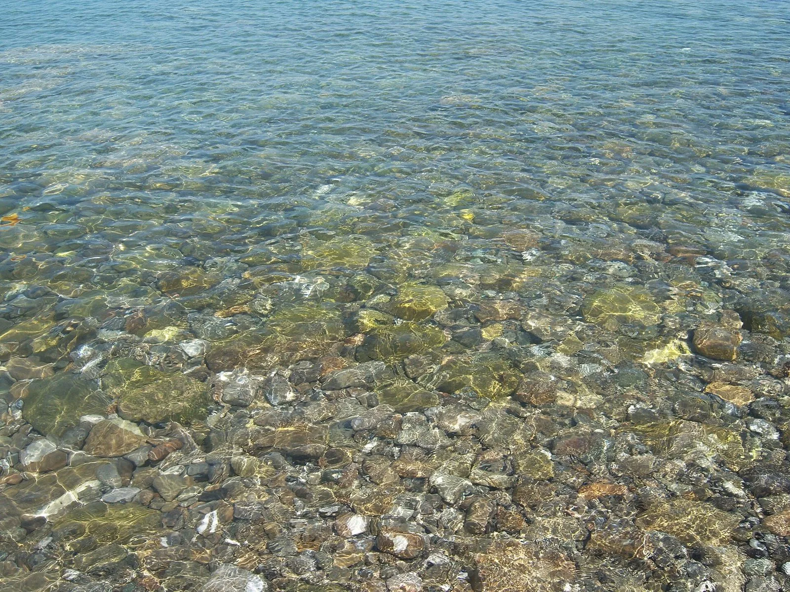 Acqua limpidissima del mar Ionio su un fondale di ciottoli colorati, lungo la costa di Roseto Capo Spulico